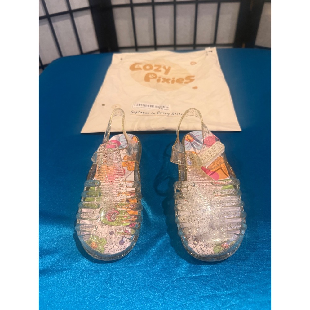 Cozy Pixies Baby Girl Jelly Sandals Clear Glitter Floral US 9 NWT